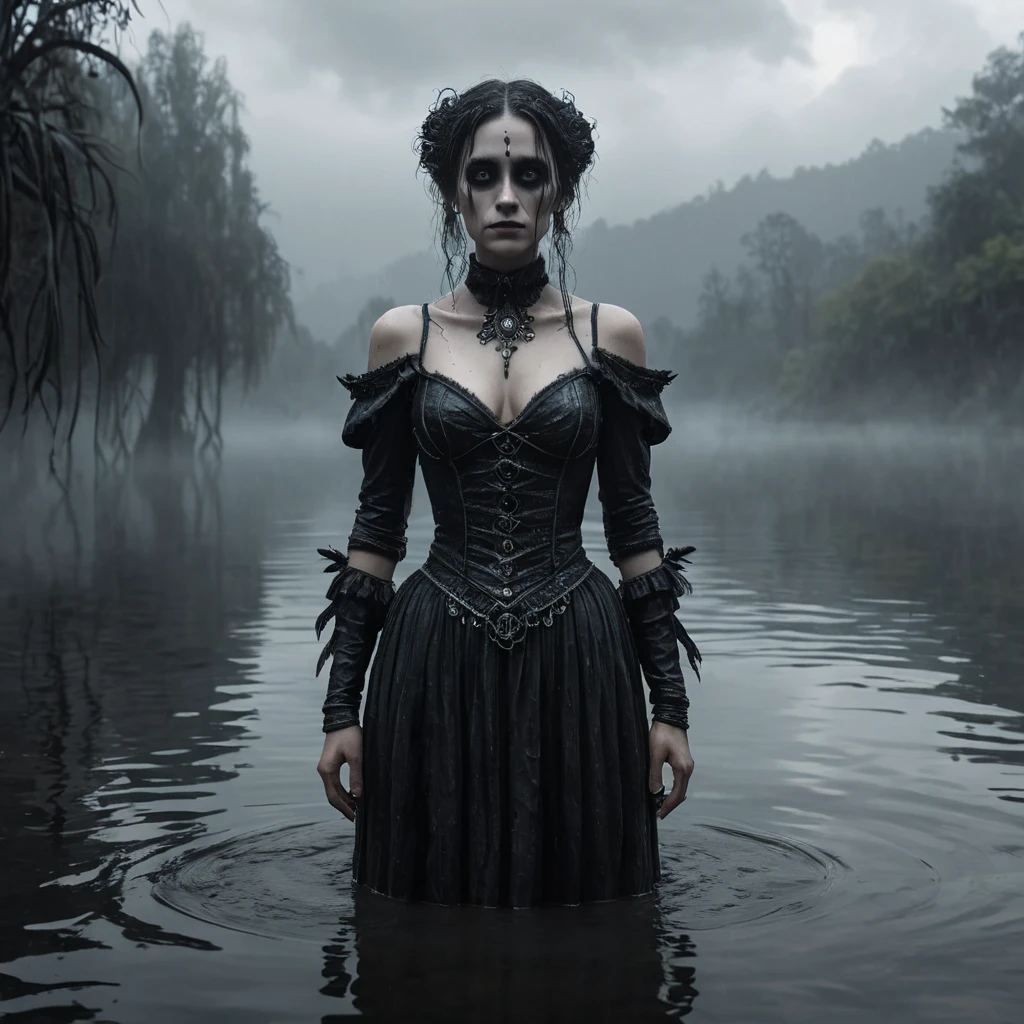 The frightening La Yorona with black eyes on her shoulder stands in a dark lake. Mist. Rain.