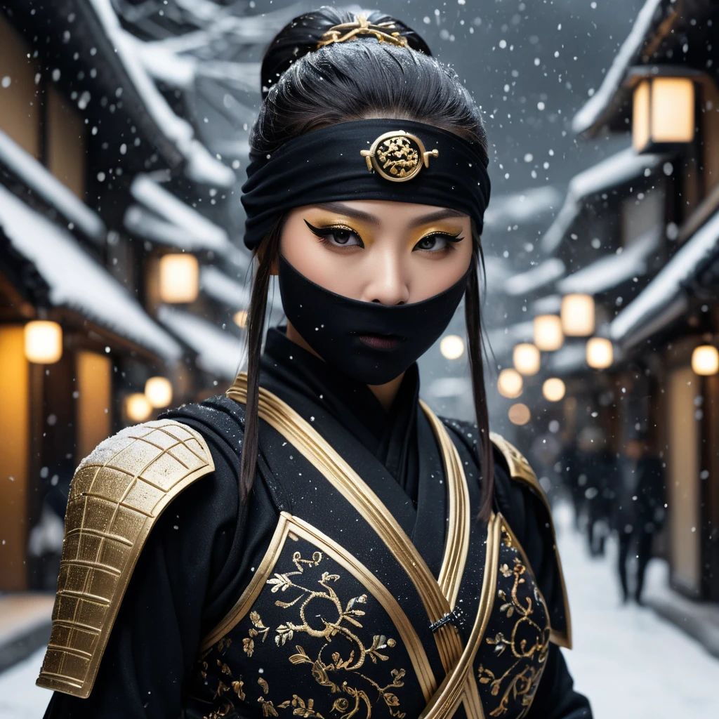 A mysterious beautiful black and gold kunoichi ninja wearing eyeliner and jewelery in the streets of a dark snowy town in tokyo, fluid motion