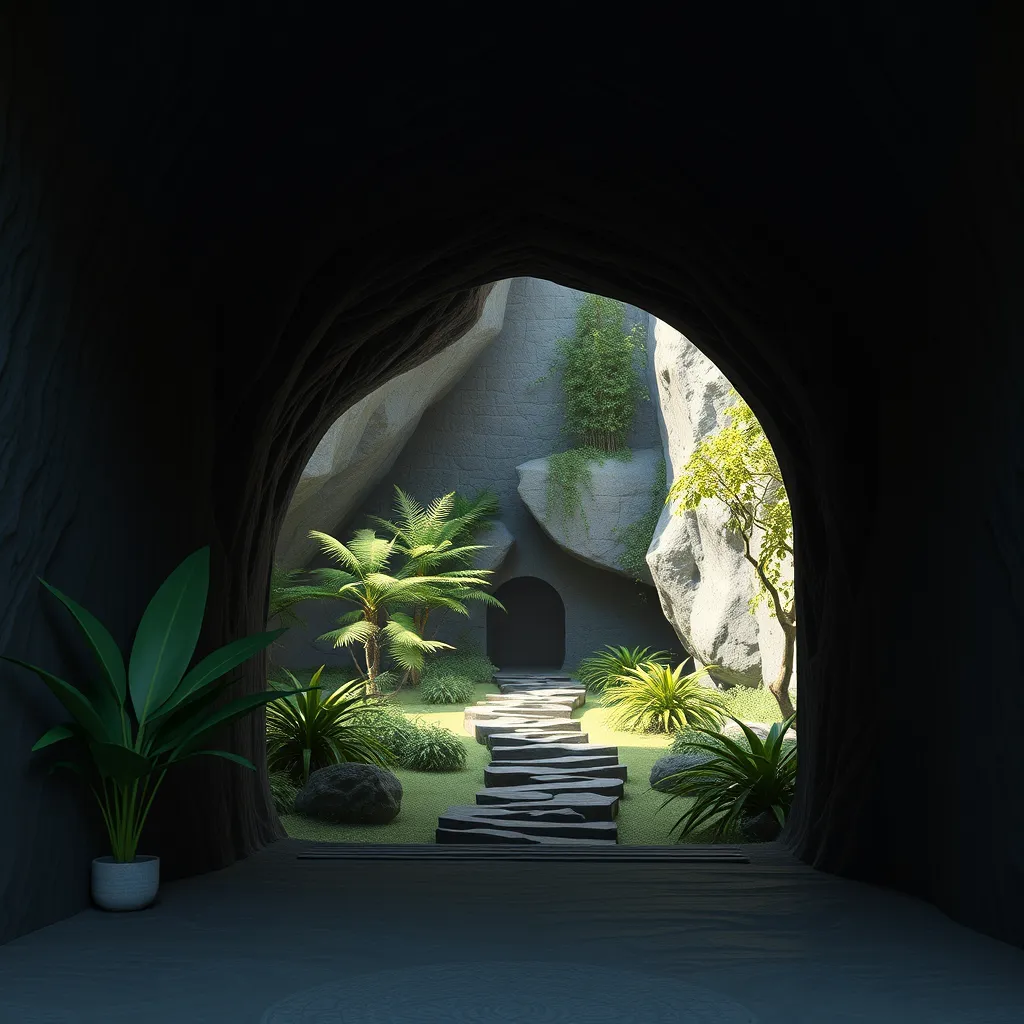 Arc hallway for secret overwatch habitation quarters carved inside a cave surrounding a lush garden