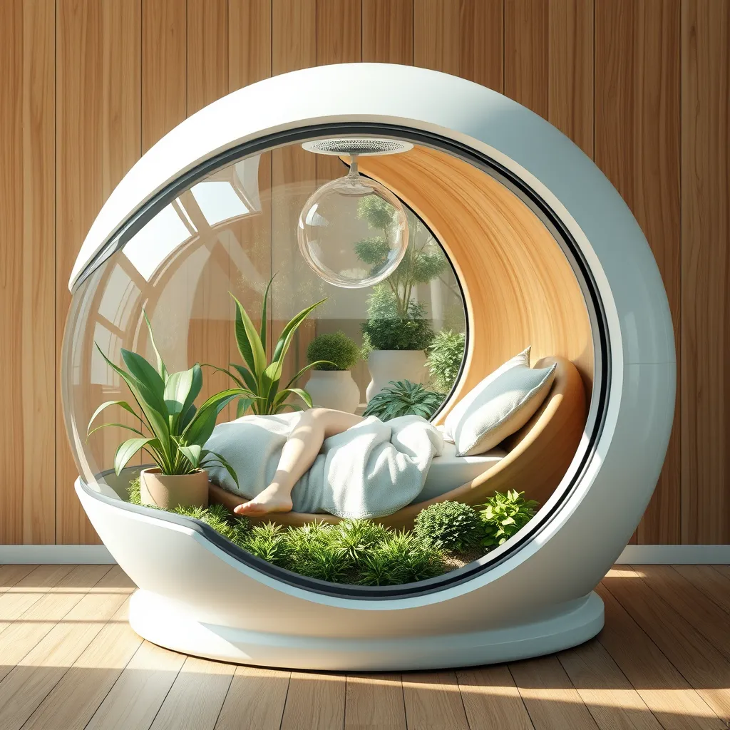 Futuristic sleeping relax pod, transparent orb, plants, natural daytime lighting, natural wooden environment, flat design, product-view