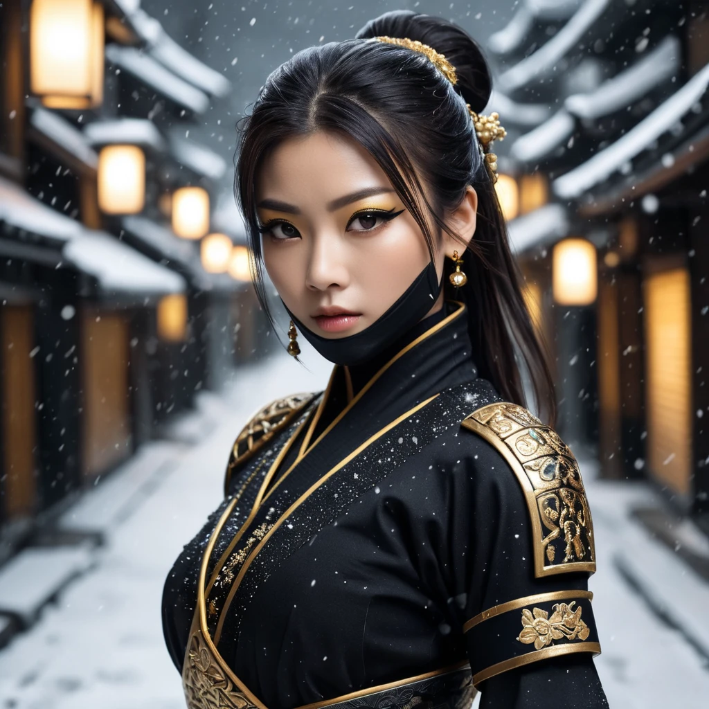 A mysterious beautiful black and gold kunoichi ninja wearing eyeliner and jewelery in the streets of a dark snowy town in tokyo, fluid motion