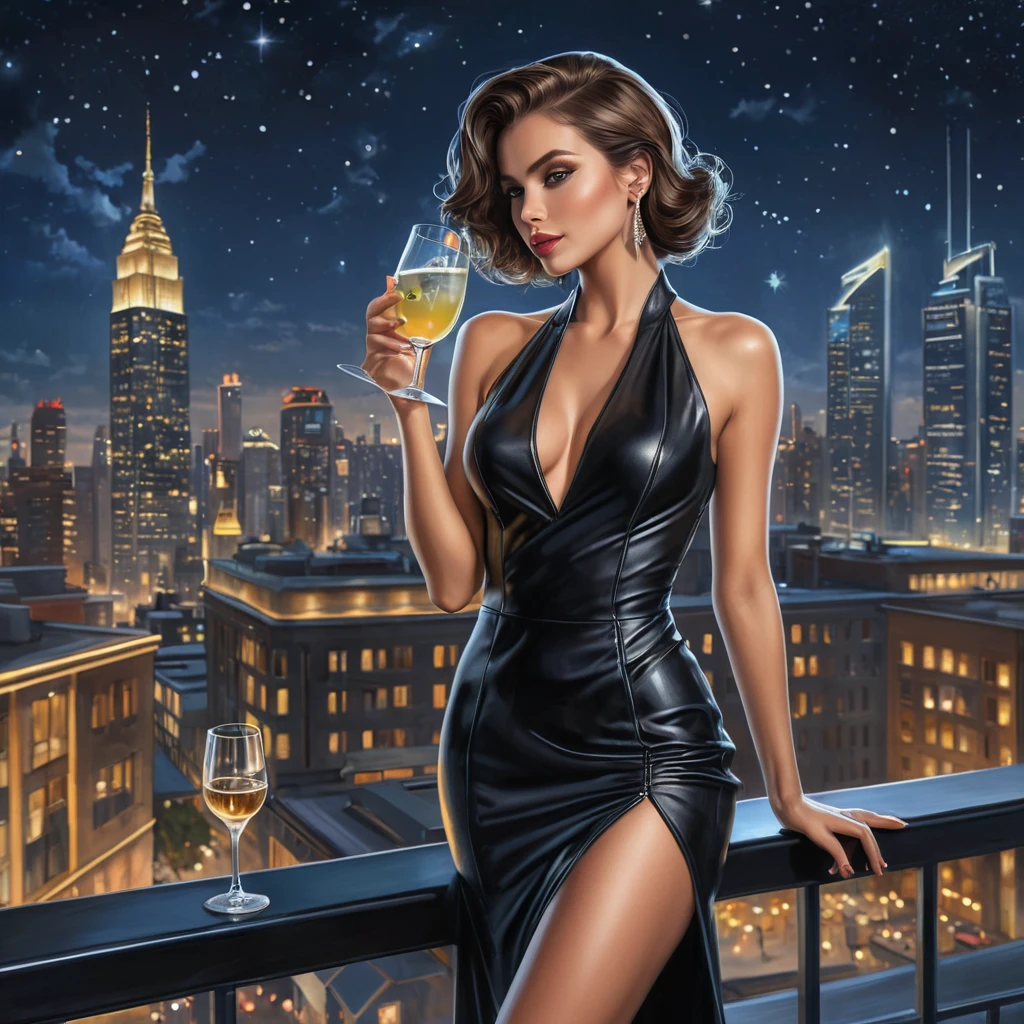 A sultry and sophisticated woman in a black leather dress and high heels sips a cocktail at a rooftop bar overlooking a glittering city skyline at night, the stars twinkling above her.