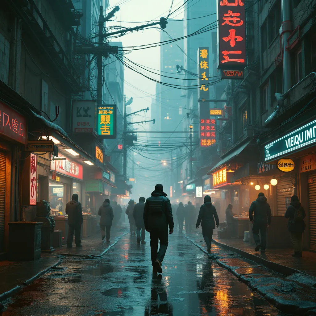 An amateur photo of a future cyberpunk world filled with activity and detail, conveying a sense of desperation and uncertainty