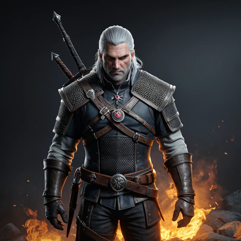 A full body matte portrait of Geralt in The Witcher 3 grey and red style wearing the Witcher medallion