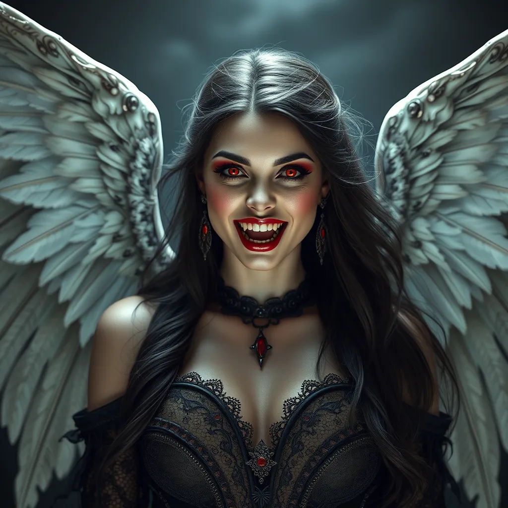 A beautiful winged romanian vampire woman with fangs, red eyes