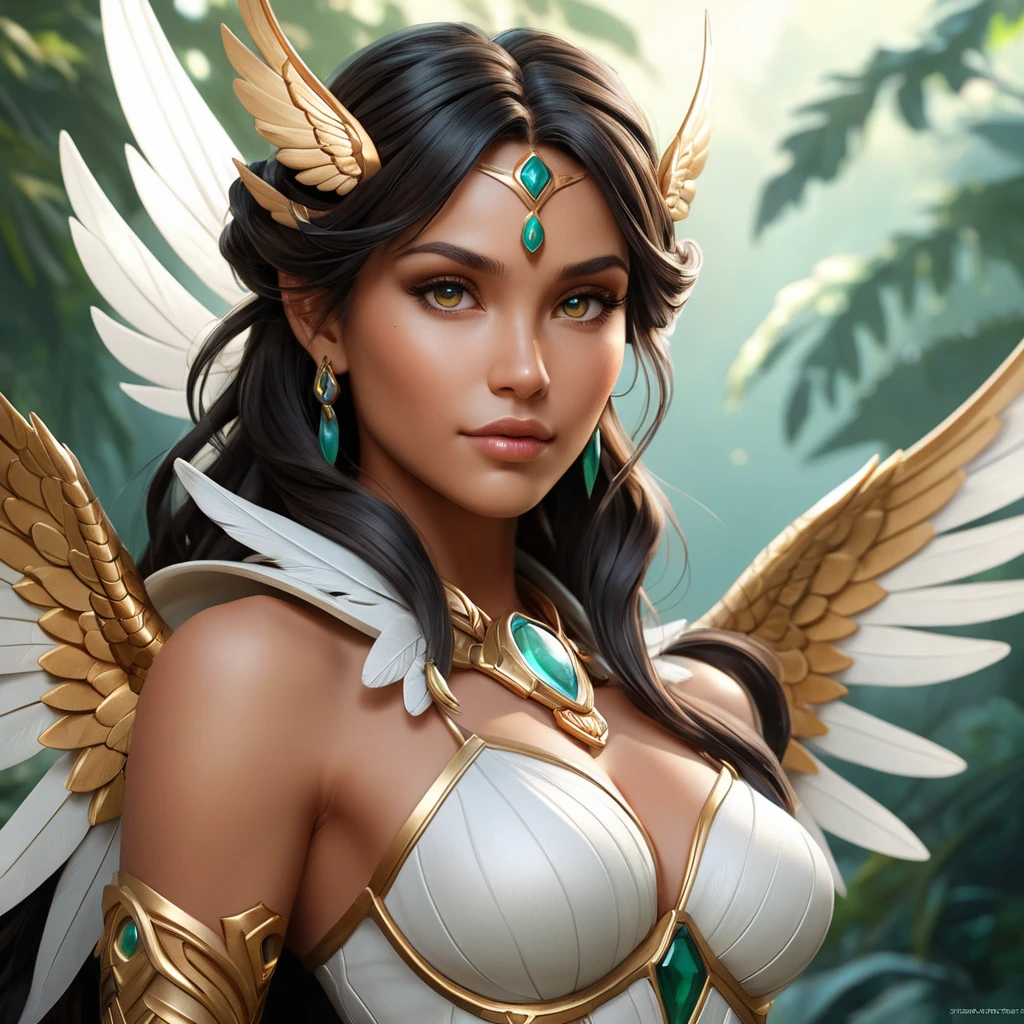 Alluring matte portrait of a beautiful Nidalee with wings