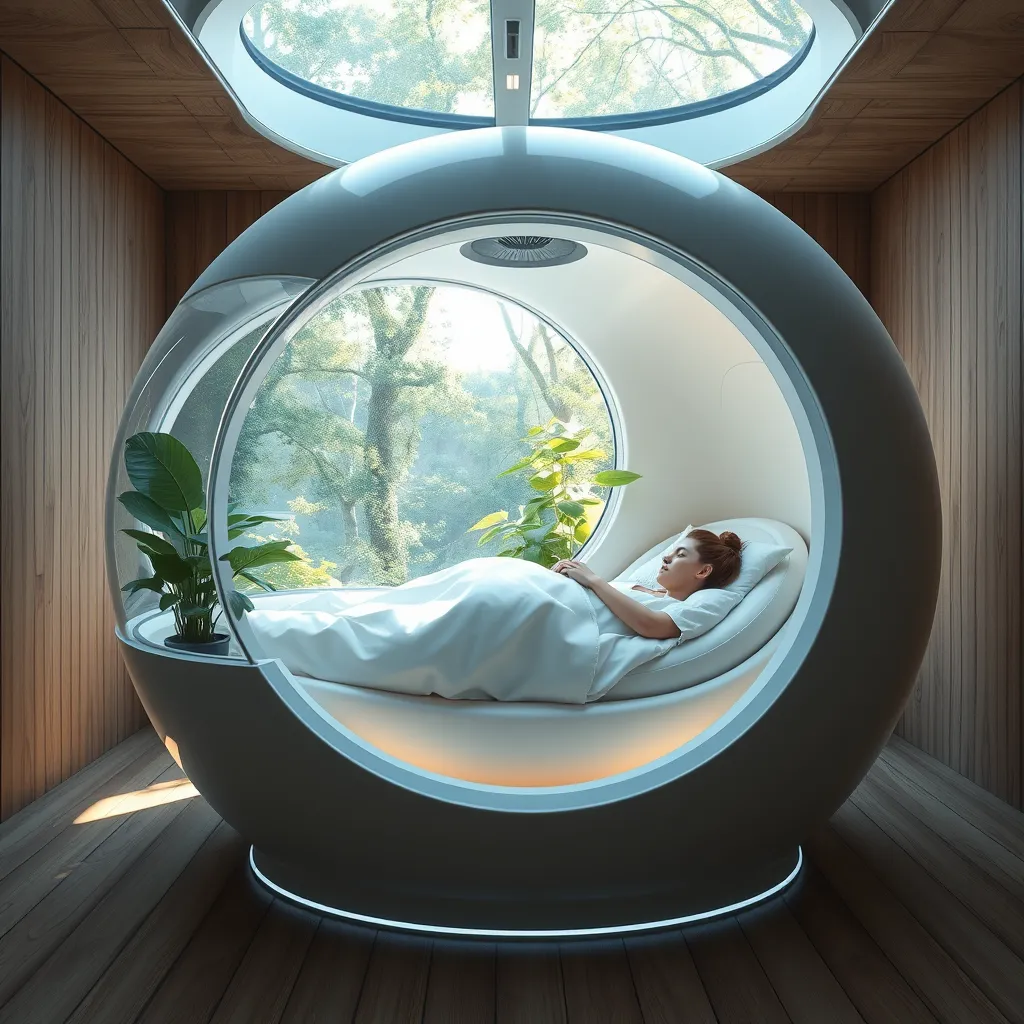 Futuristic sleeping relax pod, transparent orb, plants, natural daytime lighting, natural wooden environment, flat design, product-view