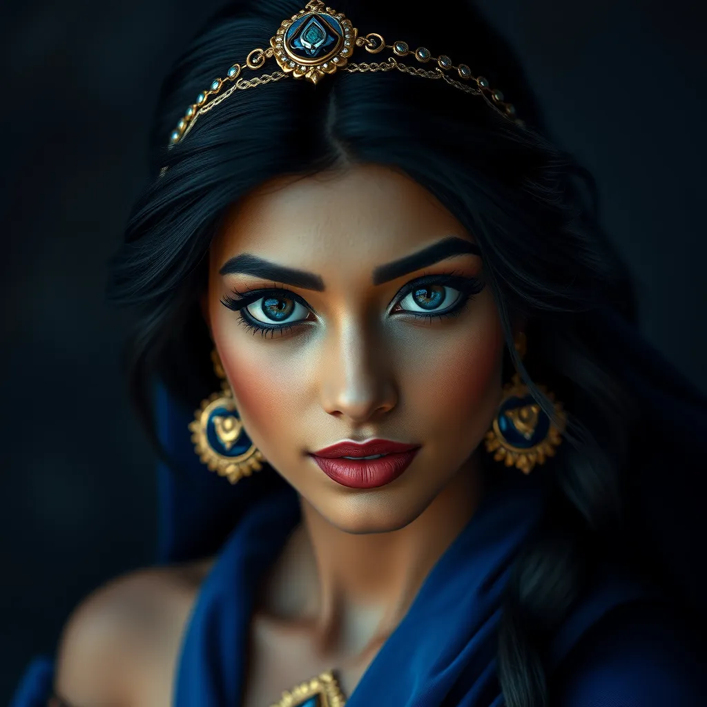 Matte portrait of the beautiful Princess Jasmine in dark blue