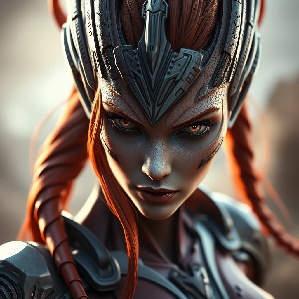 Alluring matte portrait of Star Craft's beautiful red haired Sarah Kerrigan alien Protoss