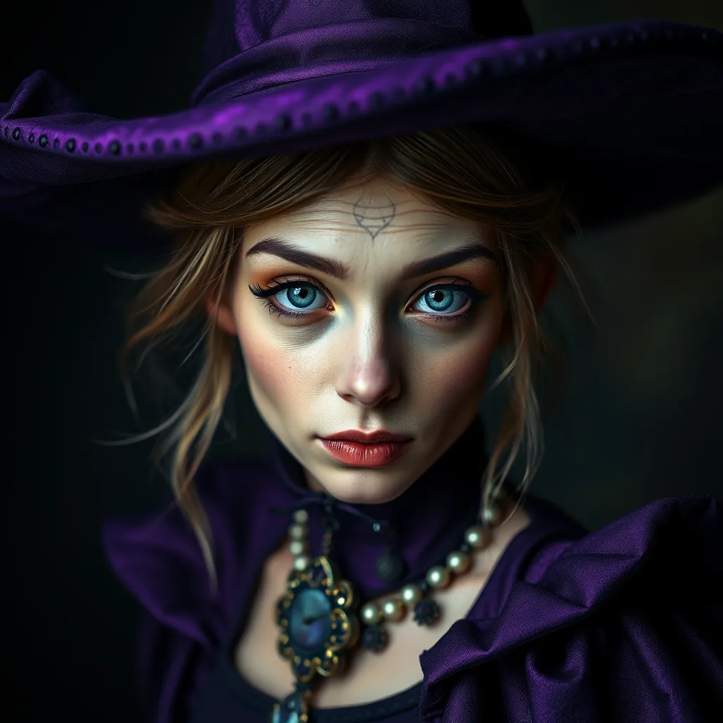 Matte portrait of a mysterious kiki the witch in purple