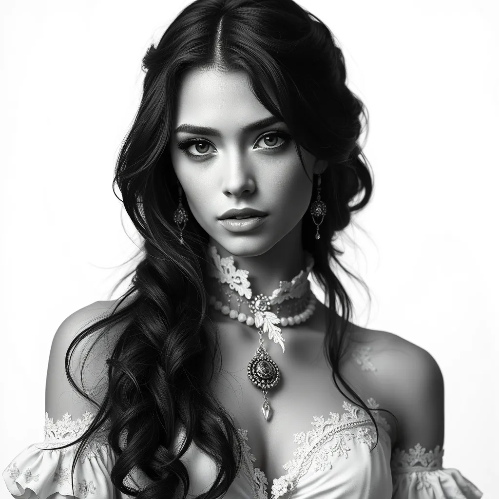 Alluring black and white matte portrait of a beautiful Yennefer with a white background in a white dress