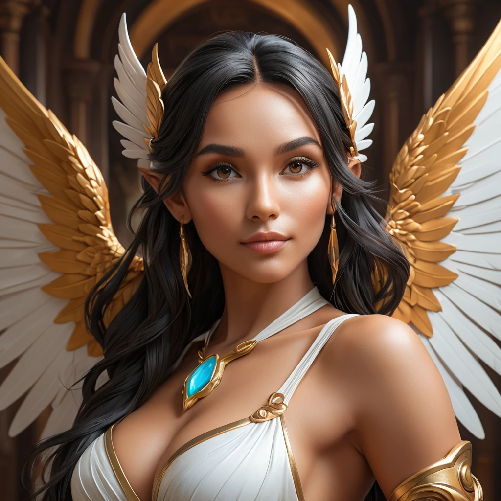 Alluring matte portrait of a beautiful Nidalee with wings