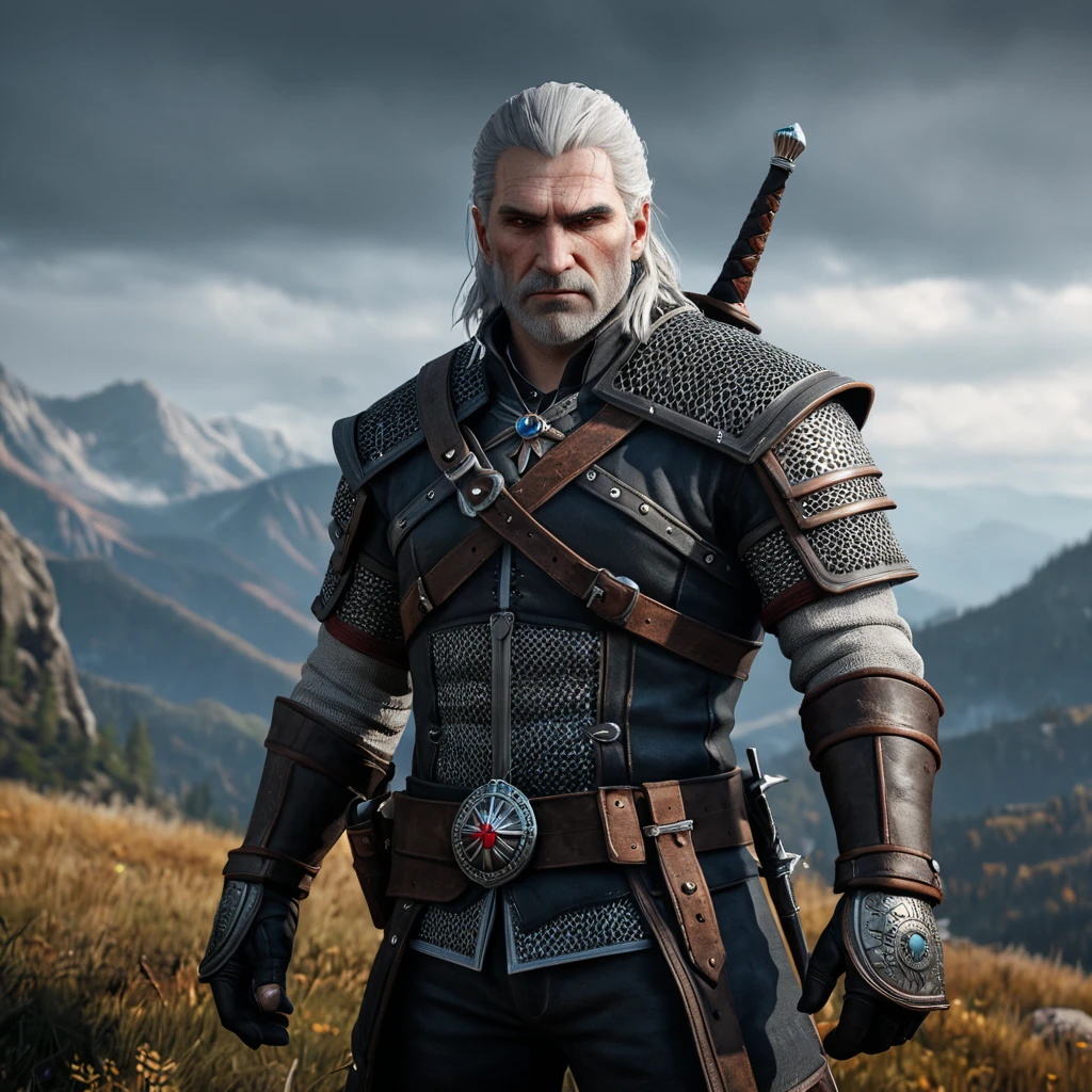 A full body matte portrait of Geralt in The Witcher 3 grey and red style wearing the Witcher medallion