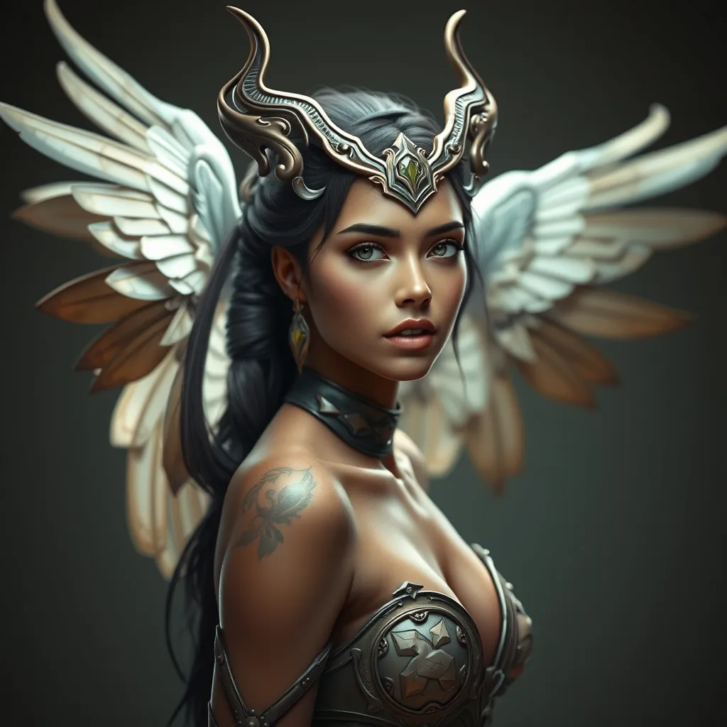 Alluring matte portrait of a beautiful Nidalee with wings