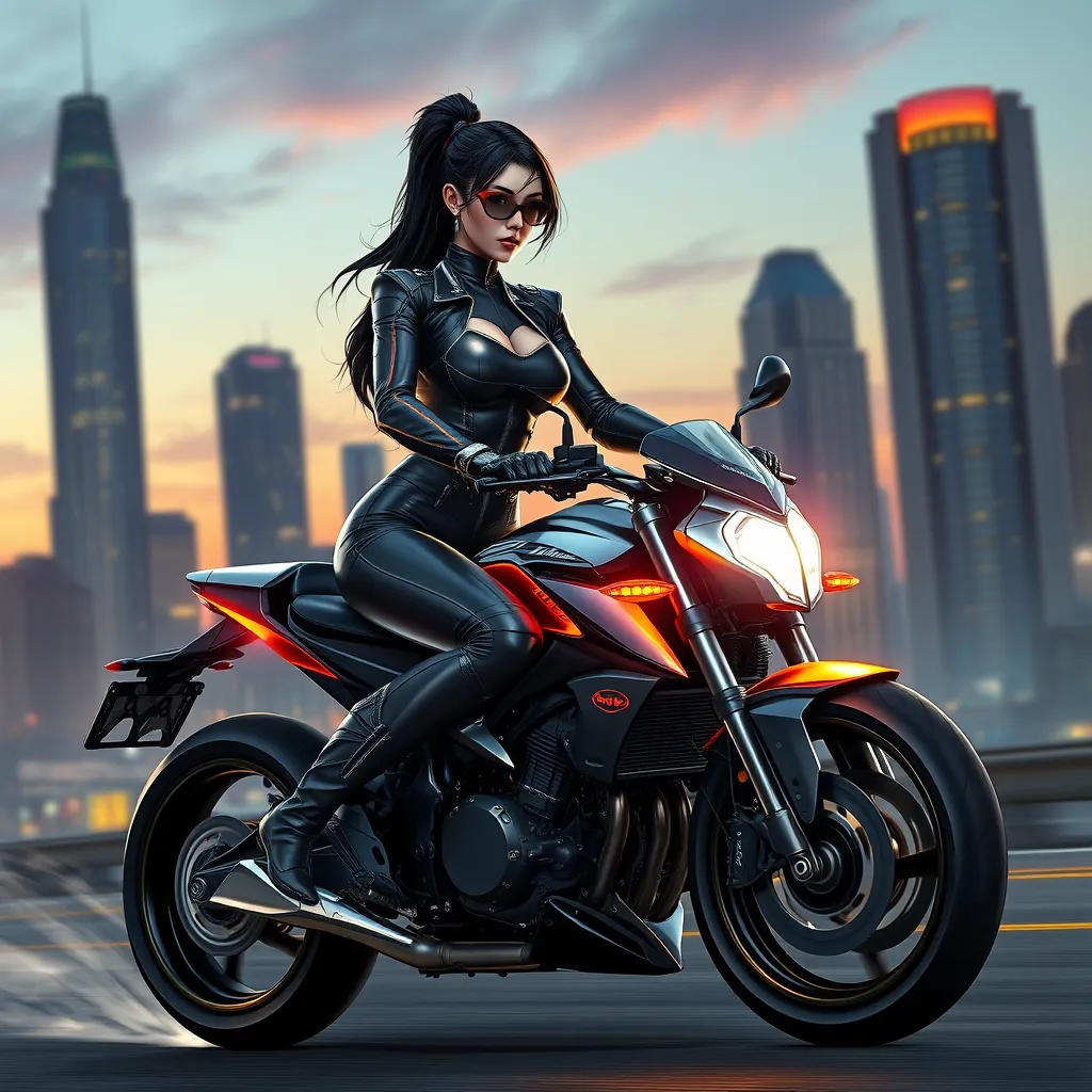 A futuristic biker chick in a sleek black leather jumpsuit rides a neon-lit motorcycle through a cityscape at dusk, the skyscrapers towering above her.