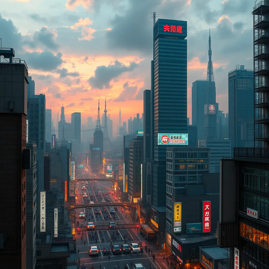 Neo-Tokyo from Akira, post-bubble Japan, showcasing a city rebuilt on the ashes of old Tokyo, similar to the real-life reconstruction of Tokyo post-WWII. 