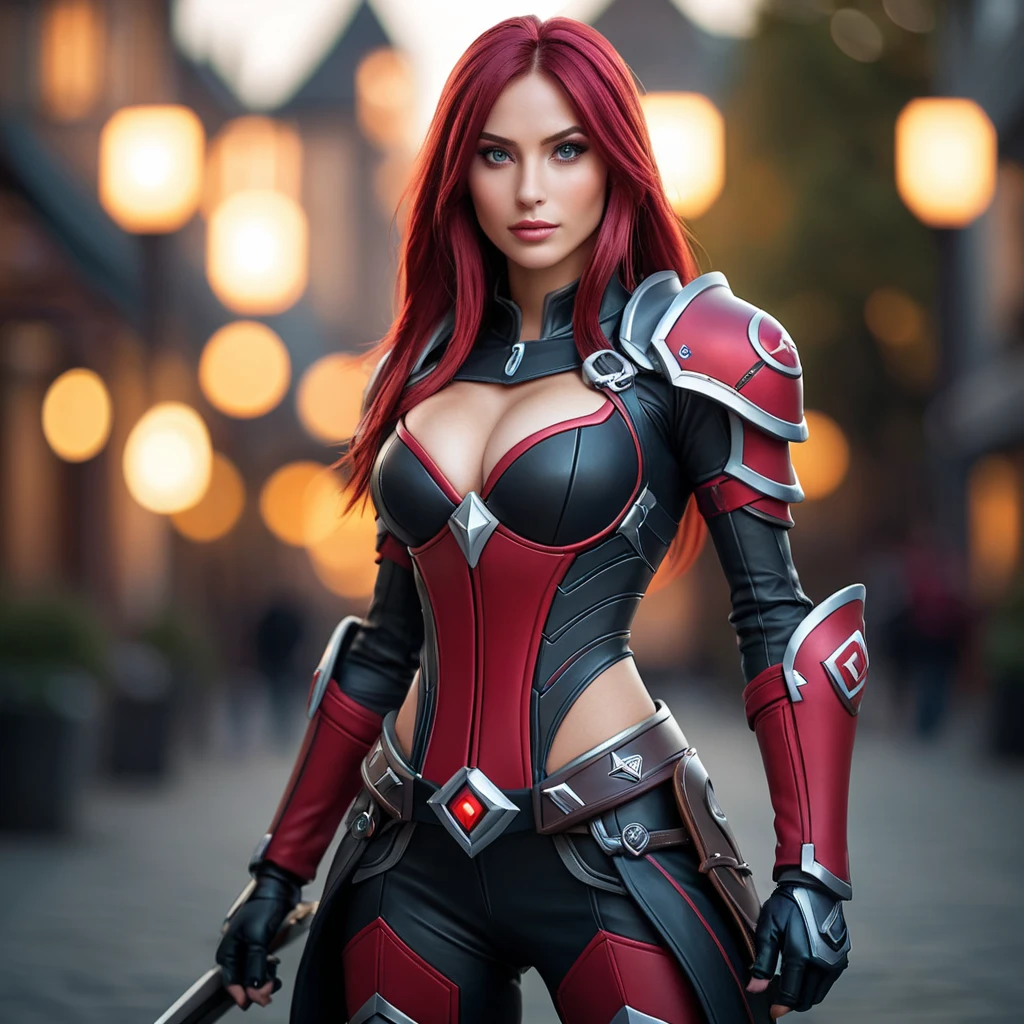 Alluring matte portrait of a beautiful Katarina from League of Legends in her battle suit