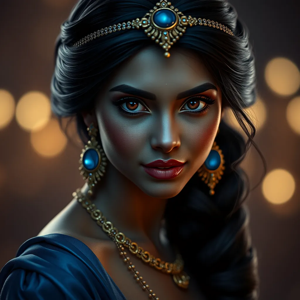 Matte portrait of the beautiful Princess Jasmine in dark blue