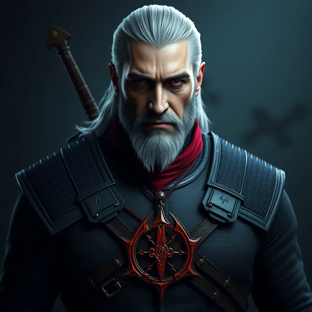 A full body matte portrait of Geralt in The Witcher 3 grey and red style wearing the Witcher medallion