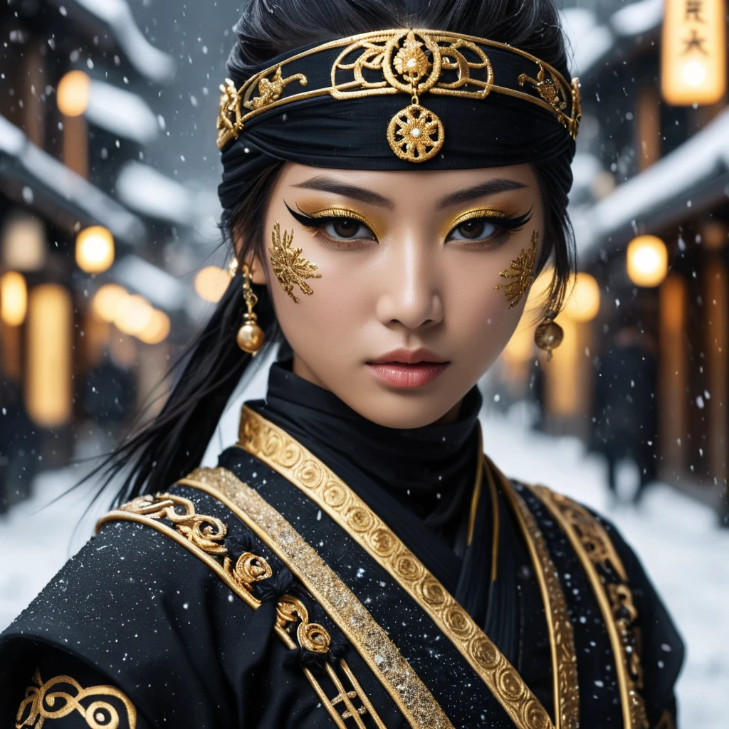 A mysterious beautiful black and gold kunoichi ninja wearing eyeliner and jewelery in the streets of a dark snowy town in tokyo, fluid motion