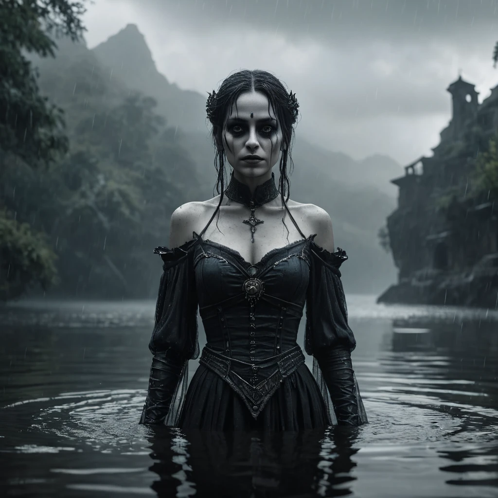 The frightening La Yorona with black eyes on her shoulder stands in a dark lake. Mist. Rain.