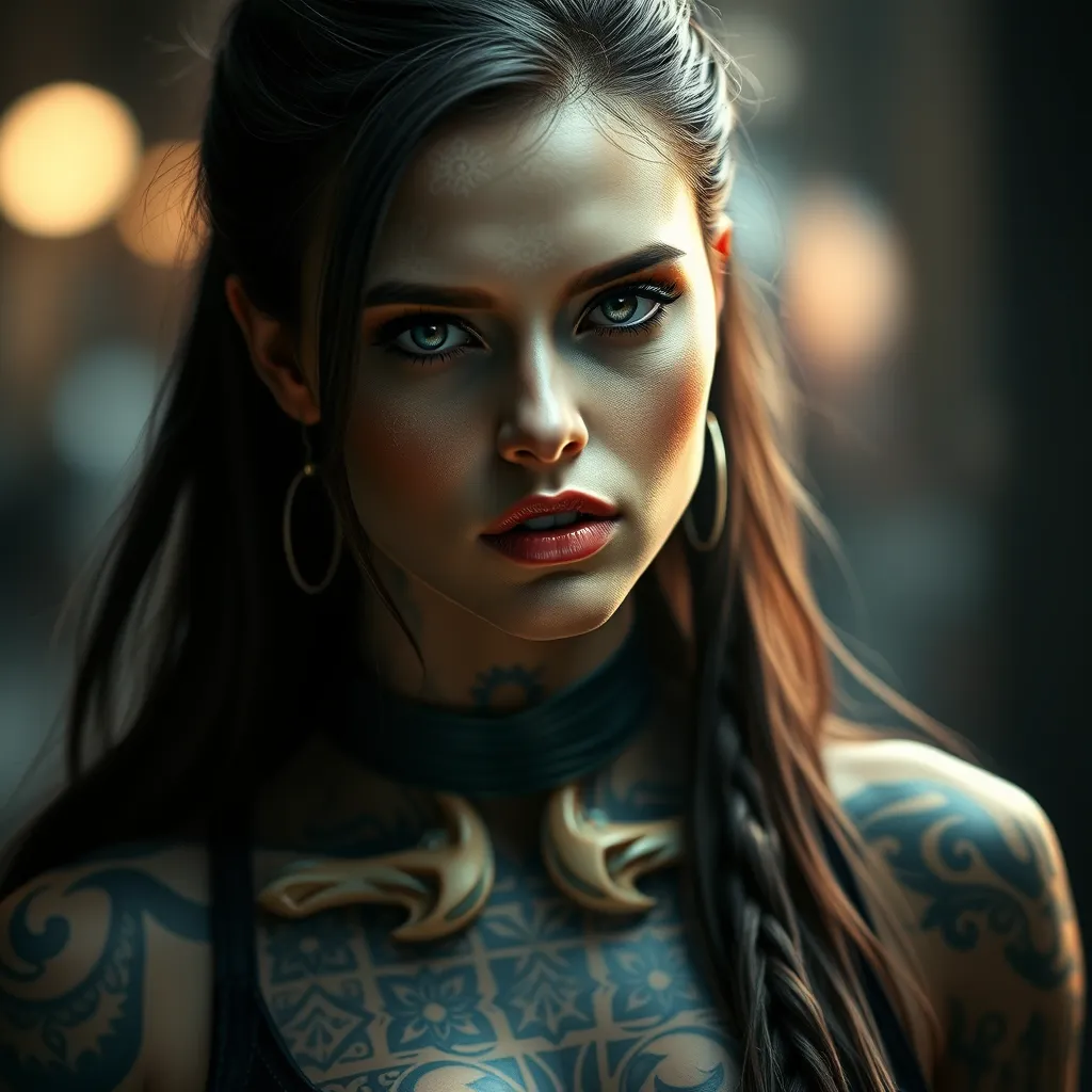 Matte portrait of Morgana with tattoos