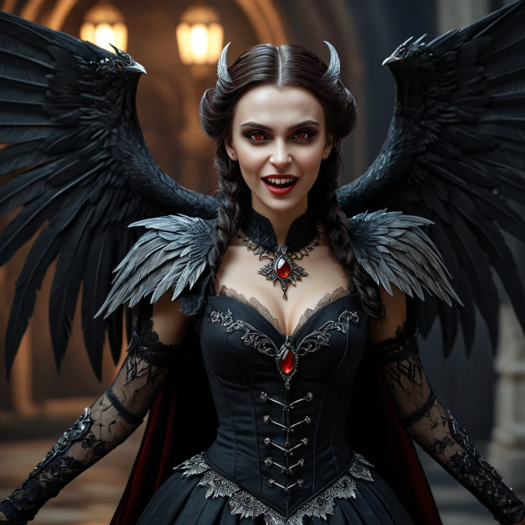 A beautiful winged romanian vampire woman with fangs, red eyes