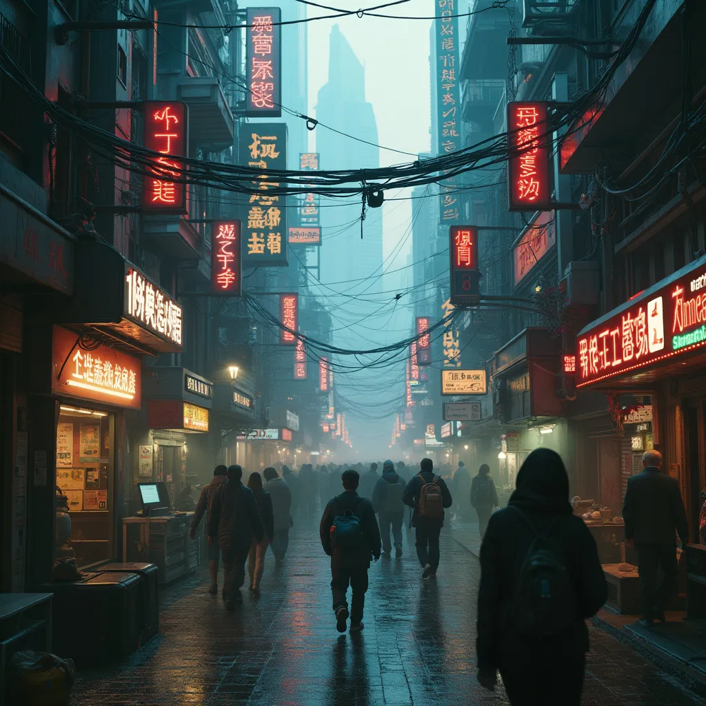 An amateur photo of a future cyberpunk world filled with activity and detail, conveying a sense of desperation and uncertainty