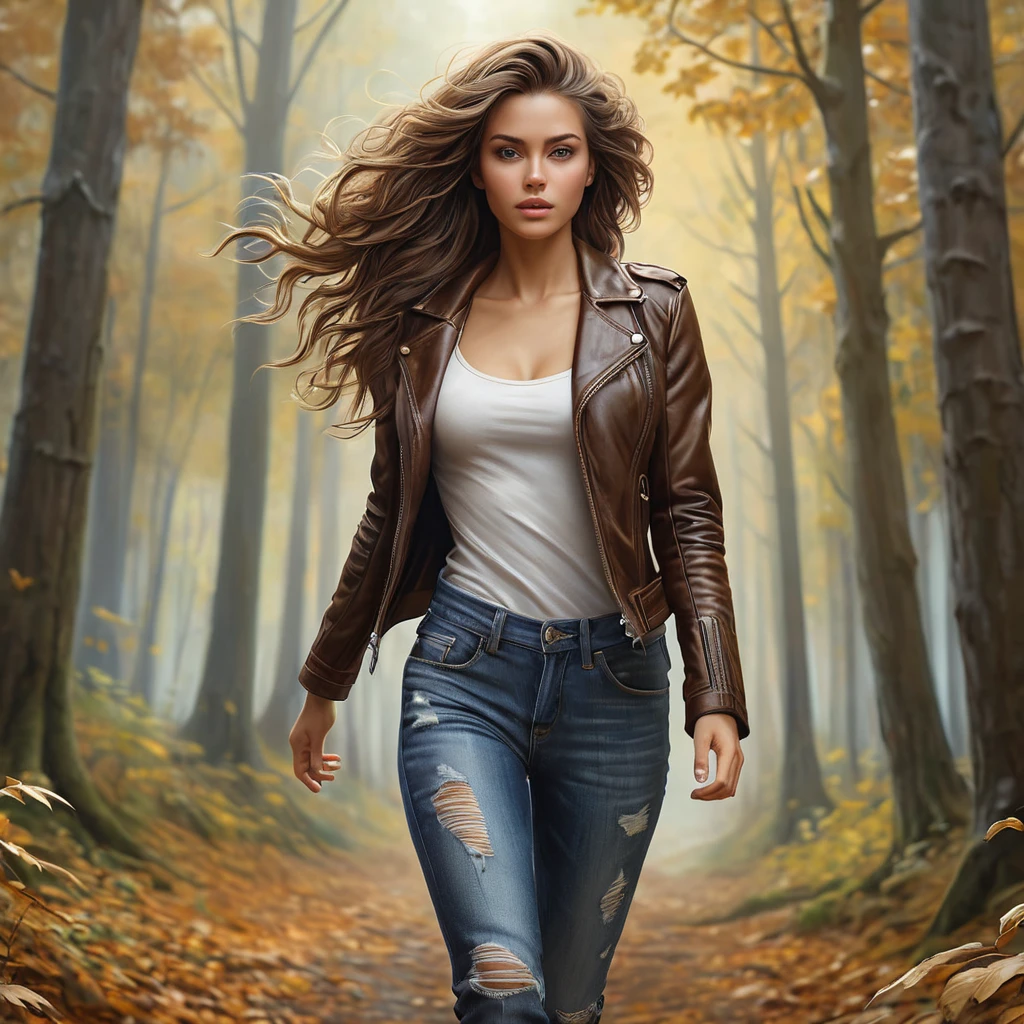 A strong and confident woman in a brown leather jacket and ripped jeans walks through a dense forest, her boots kicking up leaves and her hair blowing in the wind.