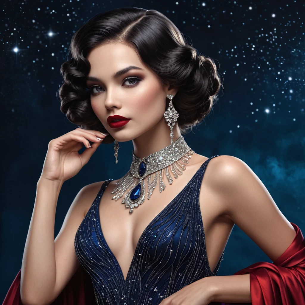 A seductive, 1920s-inspired vampire siren with a crimson lip and a flowing, beaded gown that shimmers like the stars in a midnight sky.