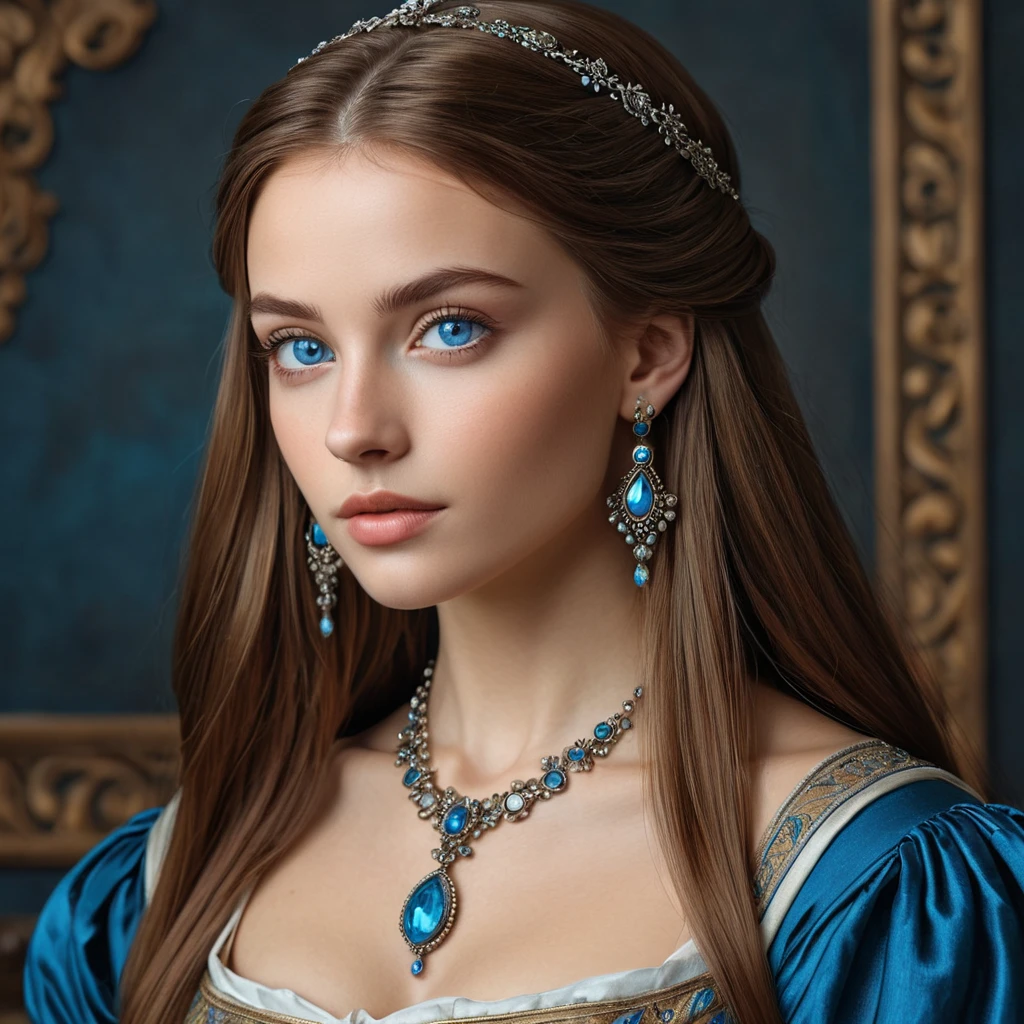 A gorgeous woman inspired by the Renaissance era, with long, straight brown hair and piercing blue eyes