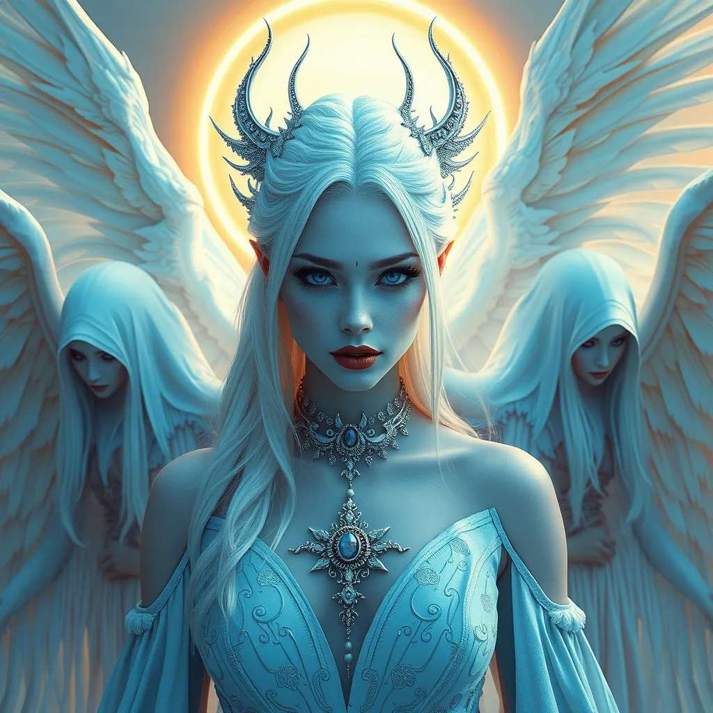 A beautiful, otherworldly vampire queen with skin as pale as snow and hair as bright as the golden sun, surrounded by a retinue of ghostly, winged attendants.