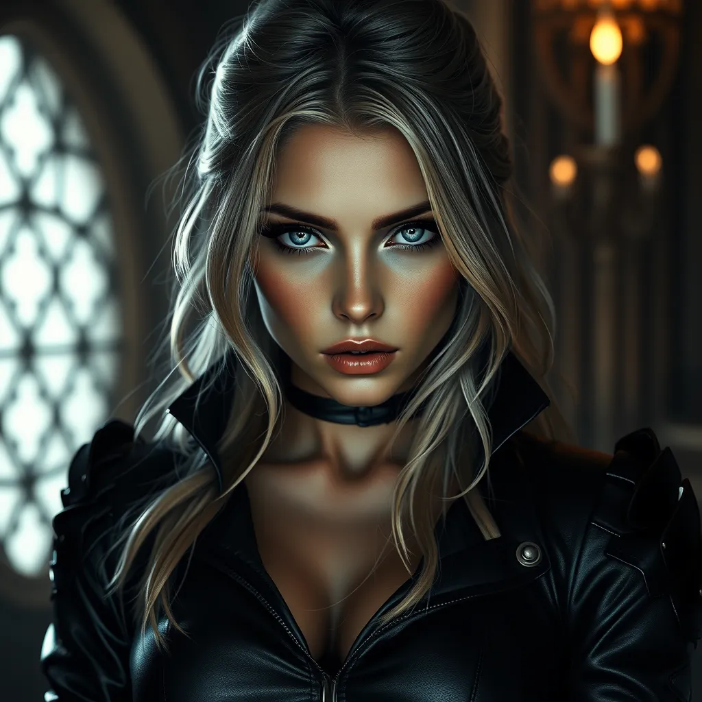 Alluring matte portrait of the beautiful Ciri in black leather