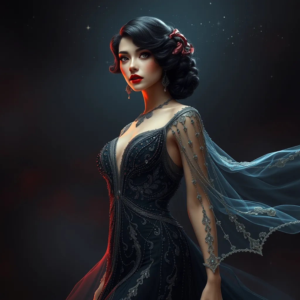 A seductive, 1920s-inspired vampire siren with a crimson lip and a flowing, beaded gown that shimmers like the stars in a midnight sky.