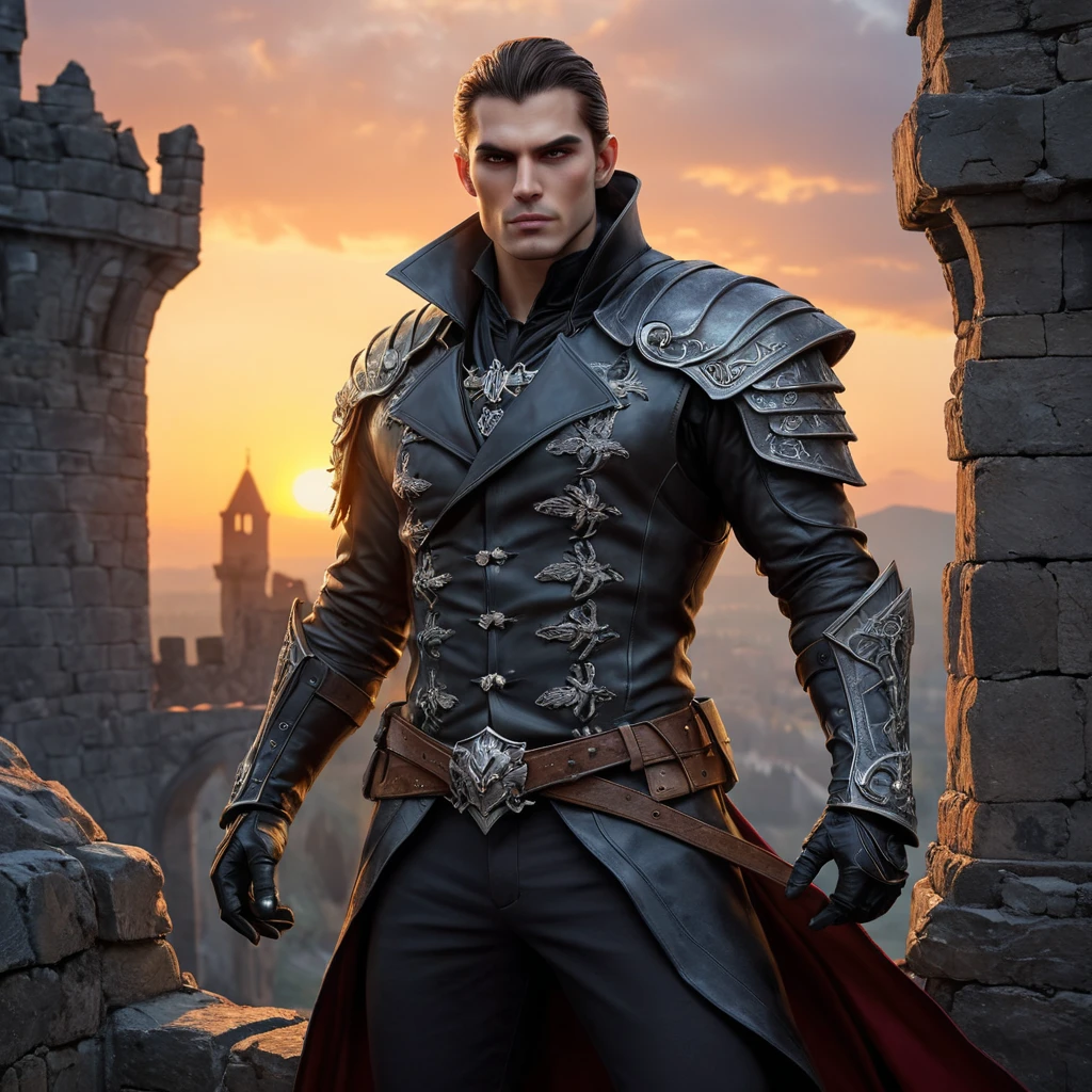 A fierce, battle-hardened vampire warrior with skin as tough as leather and eyes that blaze like hot coals, standing atop a ruined castle wall at sunset.