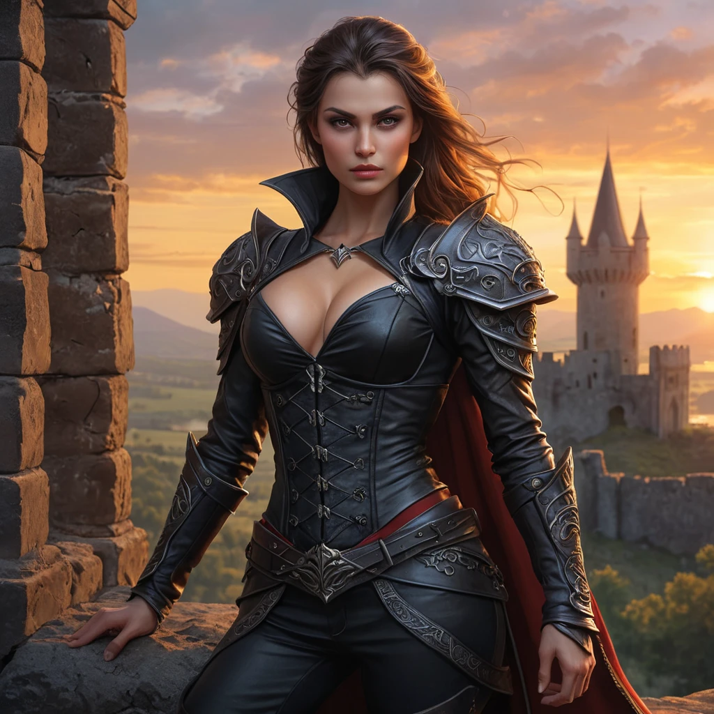 A fierce, battle-hardened vampire warrior with skin as tough as leather and eyes that blaze like hot coals, standing atop a ruined castle wall at sunset.