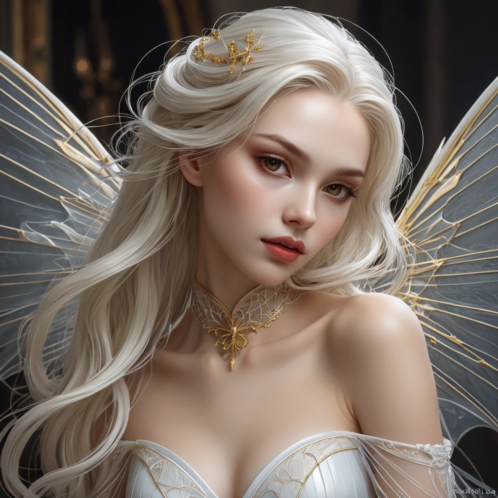 A delicate, porcelain-skinned vampire maiden with wings as transparent as glass and hair that flows like the golden threads of a spider's web.