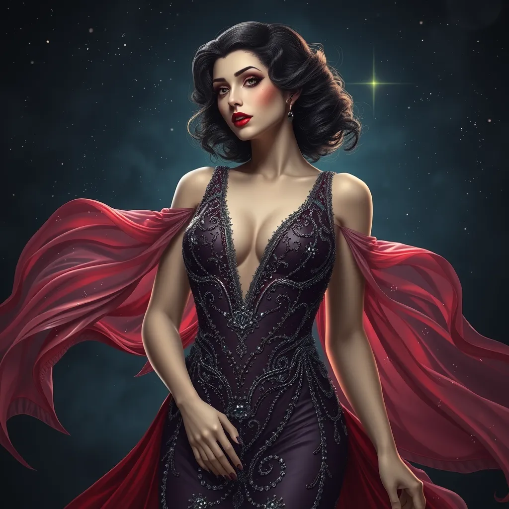 A seductive, 1920s-inspired vampire siren with a crimson lip and a flowing, beaded gown that shimmers like the stars in a midnight sky.