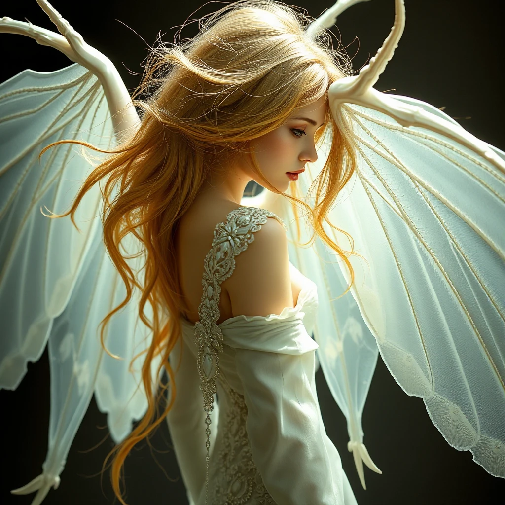 A delicate, porcelain-skinned vampire maiden with wings as transparent as glass and hair that flows like the golden threads of a spider's web.