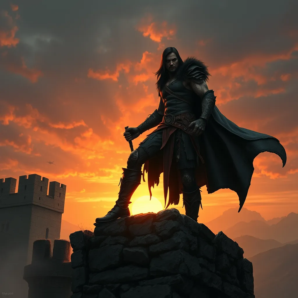 A fierce, battle-hardened vampire warrior with skin as tough as leather and eyes that blaze like hot coals, standing atop a ruined castle wall at sunset.