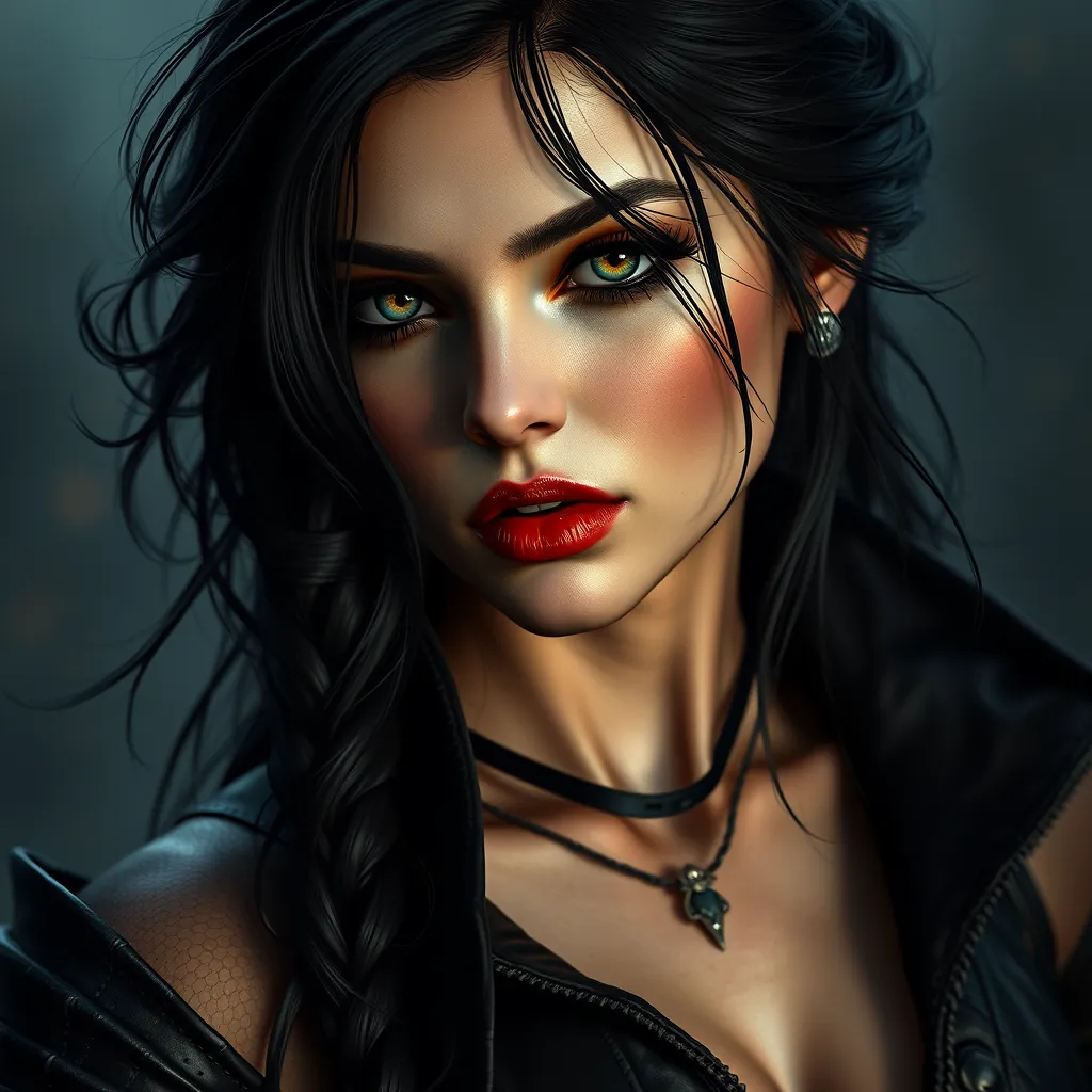 Alluring matte portrait of the beautiful Yennefer from the Witcher 3 in black leather