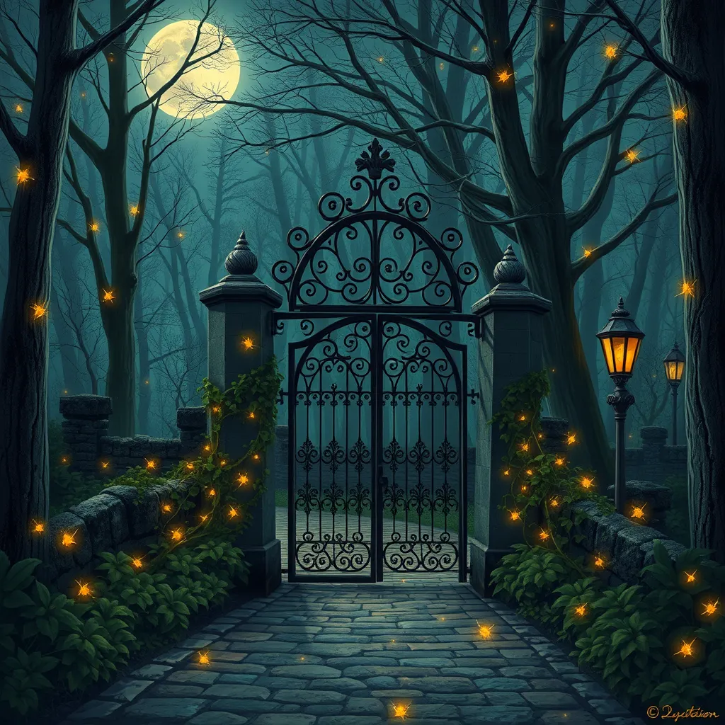 A beautiful digital illustration painting of a detailed gothic fantasy fireflies forest trees and iron gate cobblestone pathway vines full moon