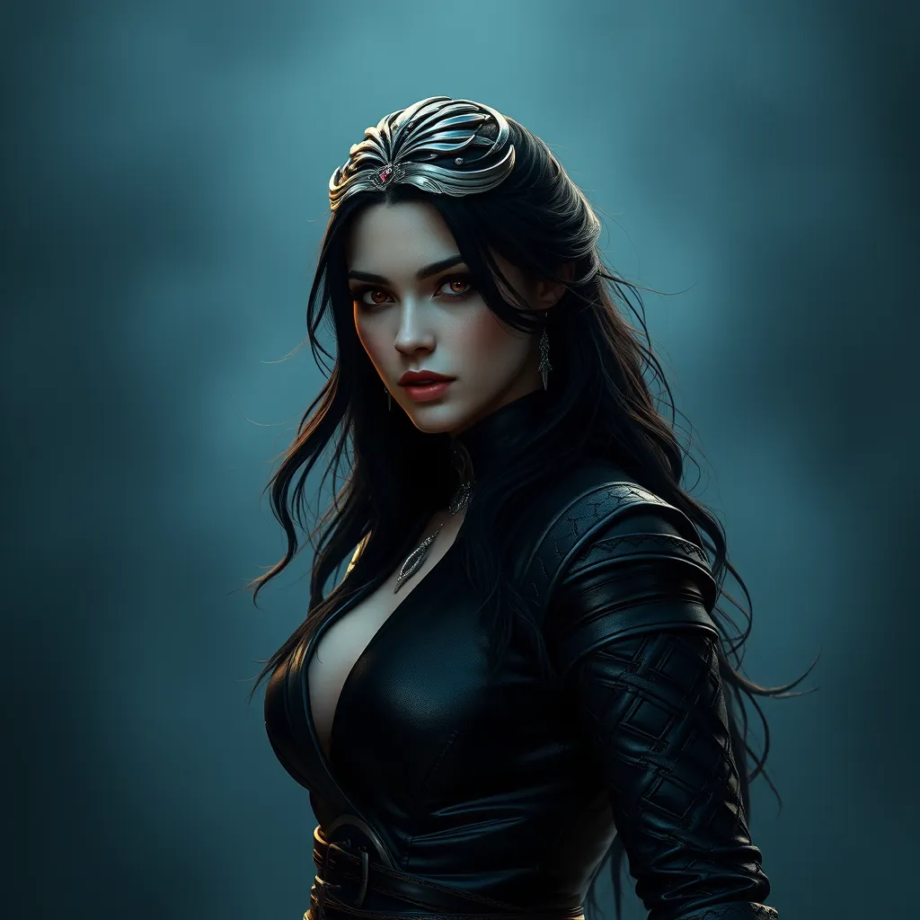 Alluring matte portrait of the beautiful Yennefer from the Witcher 3 in black leather