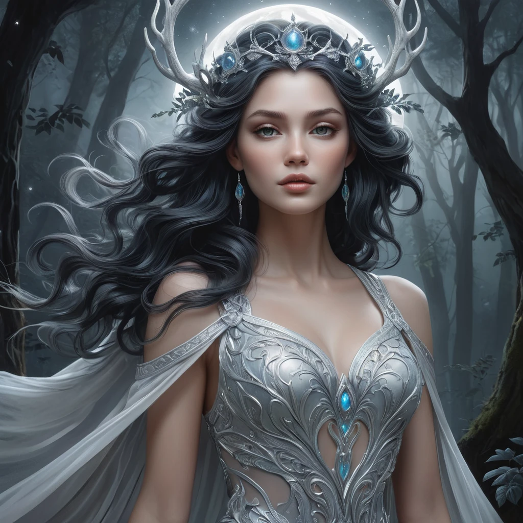 A mystical, moonlit forest queen with skin as pale as alabaster and hair as black as the night sky, surrounded by a halo of ethereal mist.