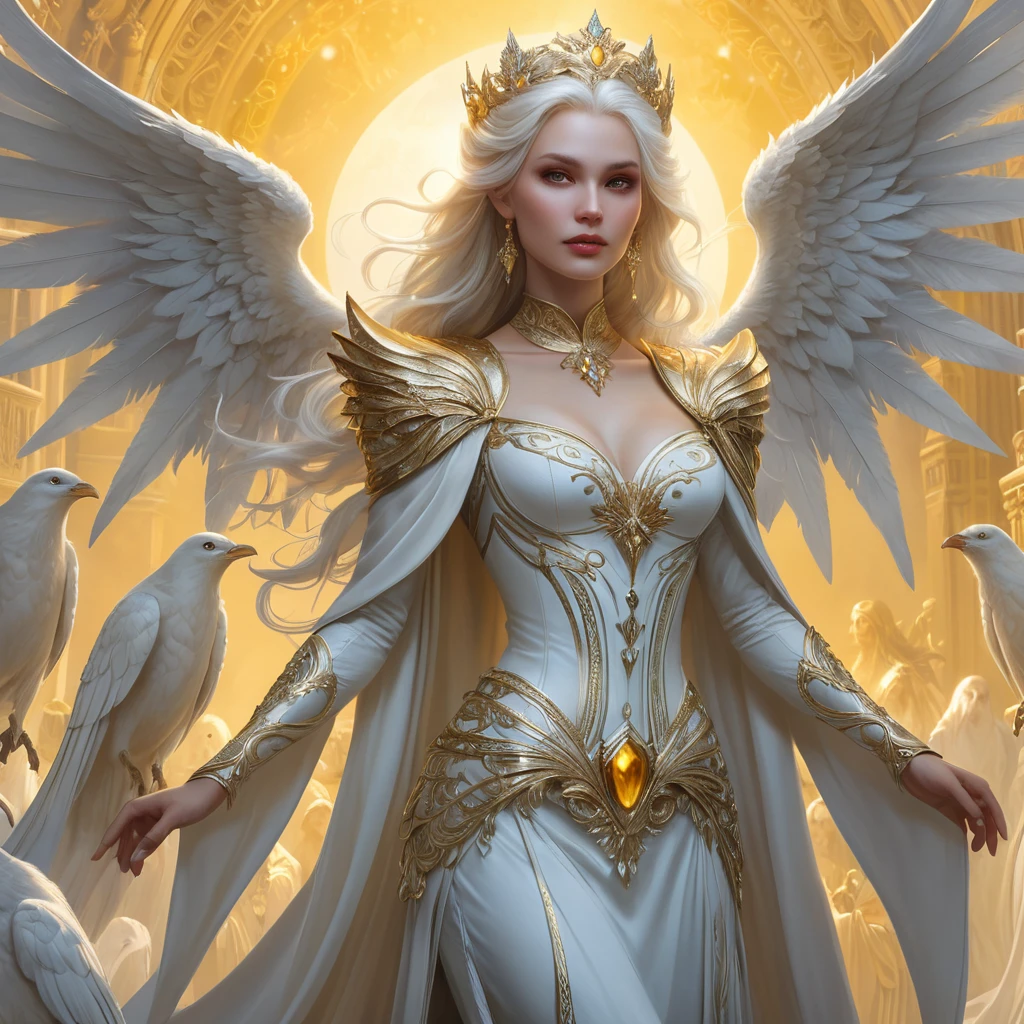 A beautiful, otherworldly vampire queen with skin as pale as snow and hair as bright as the golden sun, surrounded by a retinue of ghostly, winged attendants.