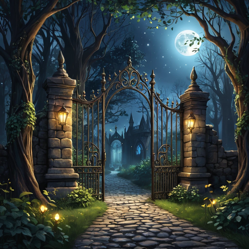 A beautiful digital illustration painting of a detailed gothic fantasy fireflies forest trees and iron gate cobblestone pathway vines full moon