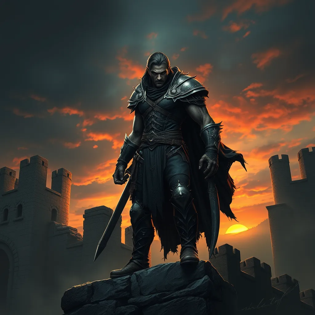 A fierce, battle-hardened vampire warrior with skin as tough as leather and eyes that blaze like hot coals, standing atop a ruined castle wall at sunset.