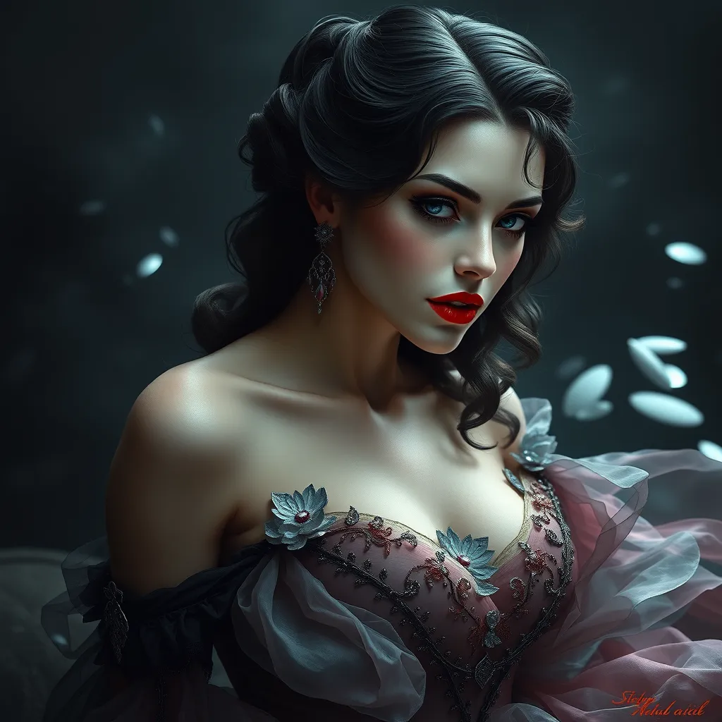 A sensual, 19th-century-inspired vampire courtesan with a ruby-red lip and a gown that seems to shimmer and shine like the surface of a still, dark pool.