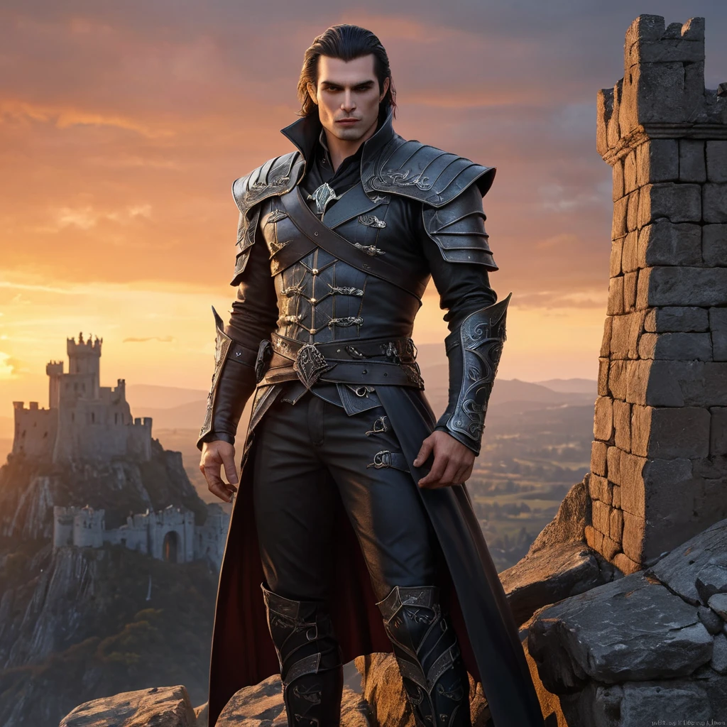 A fierce, battle-hardened vampire warrior with skin as tough as leather and eyes that blaze like hot coals, standing atop a ruined castle wall at sunset.