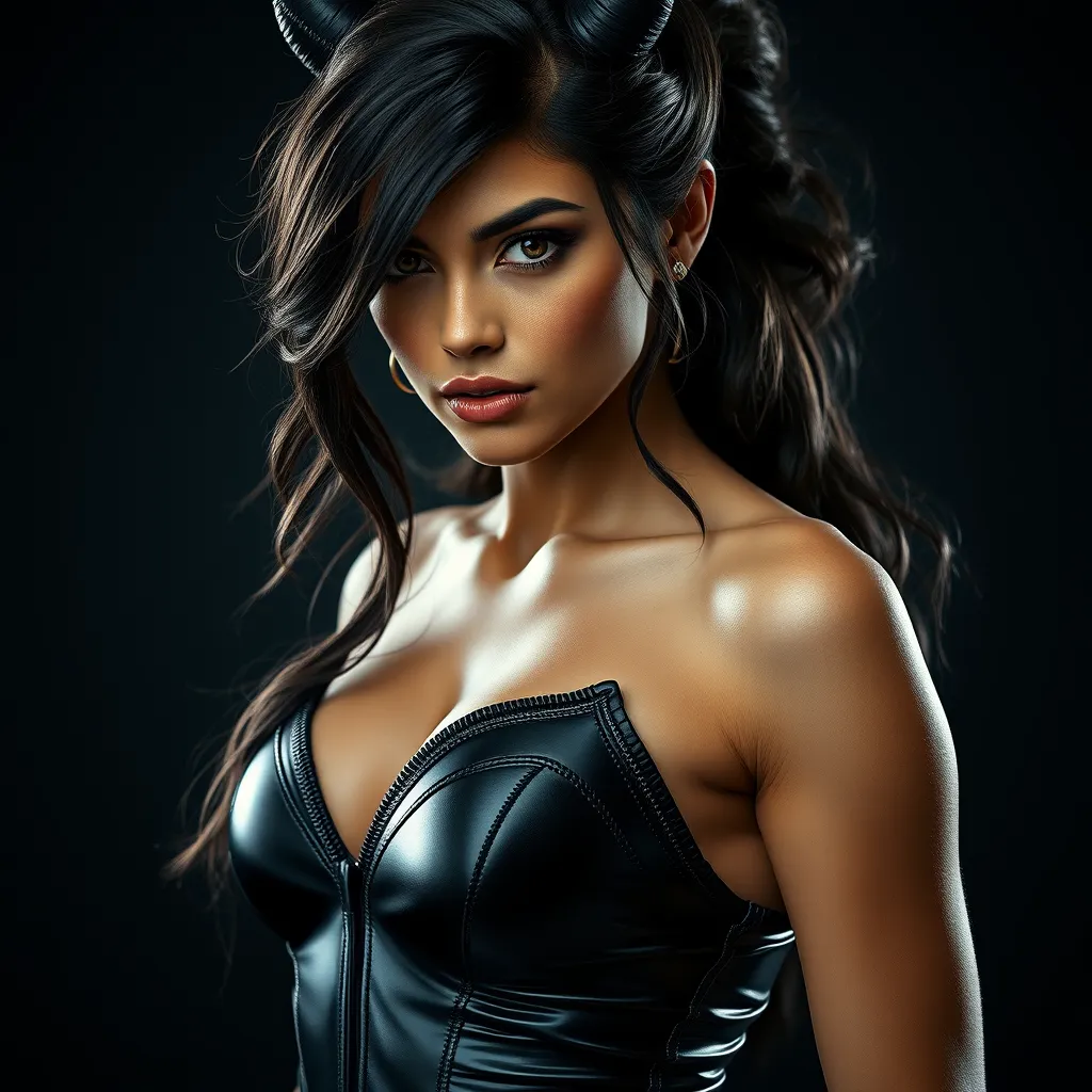 Alluring matte portrait of the beautiful Nidalee in black leather